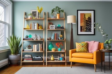 ladder bookshelf in modern living room with eclectic d꧃挀漀爀�