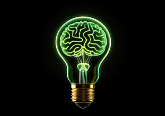 illuminated green light bulb in shape of a brain