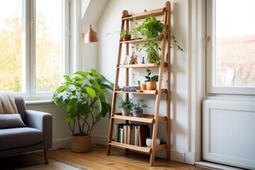 wooden ladder bookshelf in a bright room