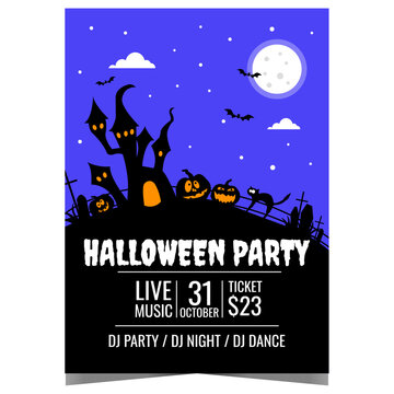 Halloween Party invitation flyer, banner or poster with spooky dark pumpkins, horrible castle, scared cat walking in the cemetery and bats in the night sky against the backdrop of a full moon.