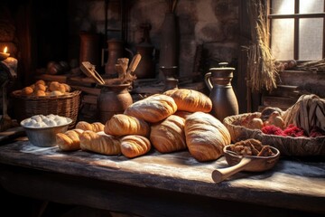 Obraz na płótnie Canvas freshly baked bread and pastries on a rustic table