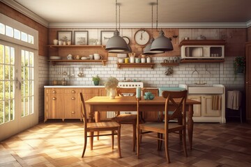 Vintage kitchen and dining space digitally rendered. Generative AI