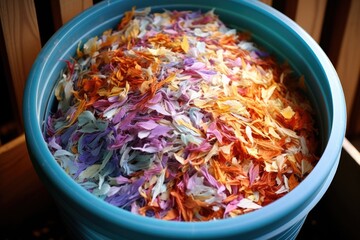 shredded paper in a container for homemade papermaking