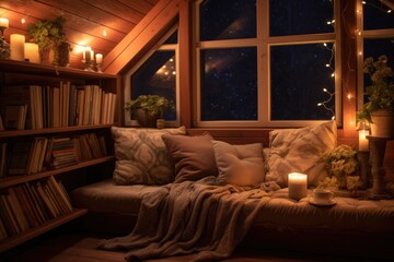 cozy reading nook with soft lighting and cushions