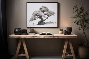 zen study space with minimalist desk, bonsai tree, and calming wall art