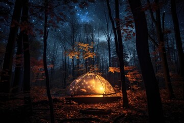 illuminated tent under a starry sky in the forest