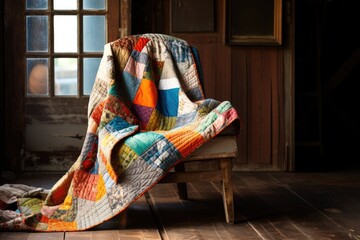 patchwork quilt draped over a wooden chair - obrazy, fototapety, plakaty