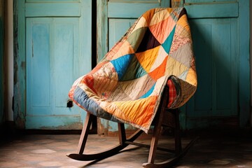 patchwork quilt folded on a wooden chair - obrazy, fototapety, plakaty