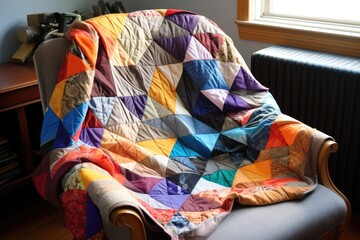 patchwork quilt in progress, folded on a chair - obrazy, fototapety, plakaty