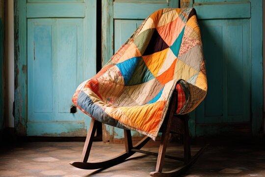 patchwork quilt folded on a wooden chair