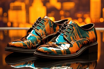 polished shoes with a cityscape reflection
