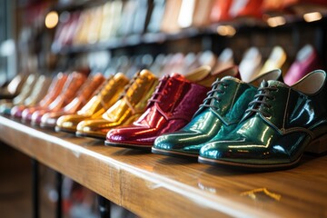 a row of shiny shoes on a store shelf