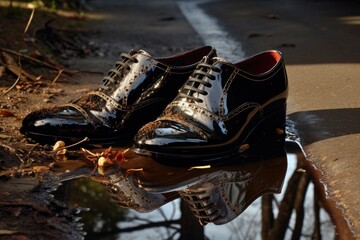 a pair of shiny shoes next to a puddle, creating a reflection
