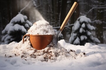 snow-covered shovel with steaming hot cocoa