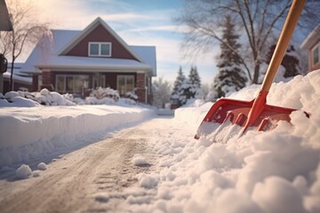 close-up of a snow shovel clearing driveway