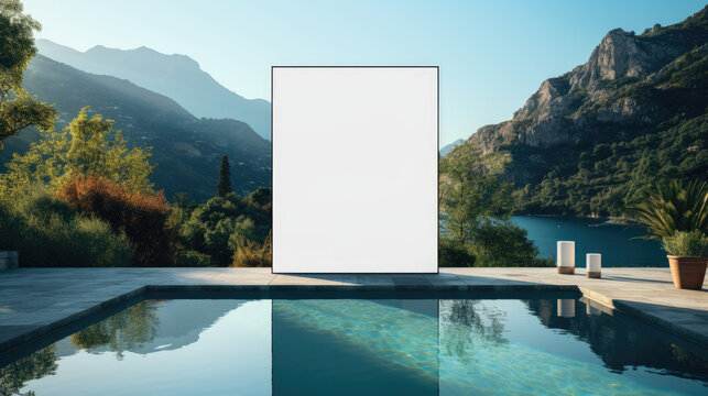 serene swimming pool with a blank billboard in the middle, architect's house on the French Riviera, modern minimalist mockup, AI