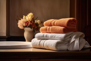 Fototapeta na wymiar stack of folded towels beside an elegant bathtub