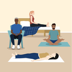 Group Yoga Practice. Relaxed Multiracial People Meditating With Closed Eyes In Studio Together. Flat vector illustration isolated on white background