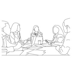 Vector business meeting discussion between workers in cafe round table cartoon Line art. Business training and presentation concept. continuous line drawing of office workers at business meetings

