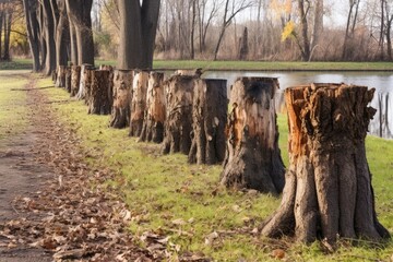 tree stumps in a row, symbolizing loss of biodiversity