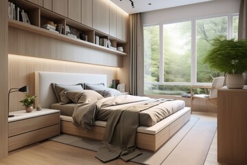 compact bedroom with built-in storage areas