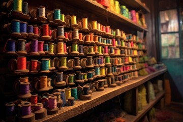 colorful spools of thread in shoemakers workshop