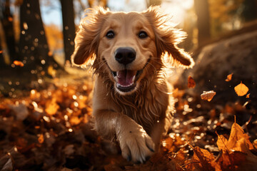 Happy golden retriever dog on a walk in an autumn forest