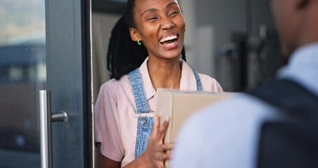 Tablet, black woman and signature in delivery, wave and parcel, box or package in home. Technology, happy and sign ecommerce in retail cargo, online shopping and logistics of shipping service courier