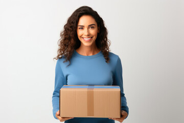 Woman in Blue Sweatshirt Holding Cardboard Box