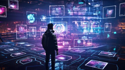 Craft a scene featuring a proficient hacker in a cyberpunk world, encircled by holographic interfaces, complex code, and elements of virtual reality