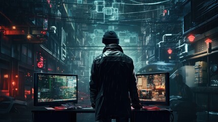 Craft a scene featuring a proficient hacker in a cyberpunk world, encircled by holographic interfaces, complex code, and elements of virtual reality
