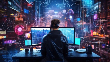 Fototapeta na wymiar Craft a scene featuring a proficient hacker in a cyberpunk world, encircled by holographic interfaces, complex code, and elements of virtual reality