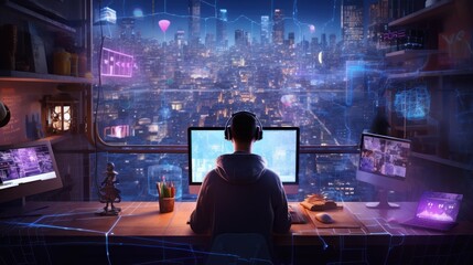 Craft a scene featuring a proficient hacker in a cyberpunk world, encircled by holographic interfaces, complex code, and elements of virtual reality