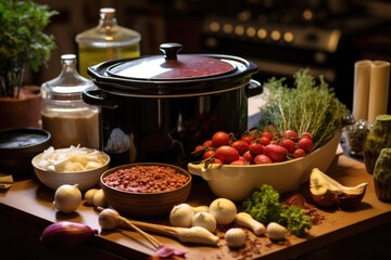 slow cooker on kitchen counter, surrounded by ingredients