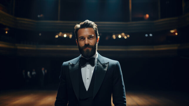 Suited Artist Engaging the Audience's Gaze