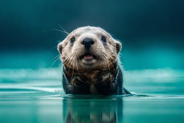 Enchanting Discovery: A Playful Sea Otter Pup Explores the Mysteries of the Kelp Forest in a Heartwarming Underwater Scene. - obrazy, fototapety, plakaty