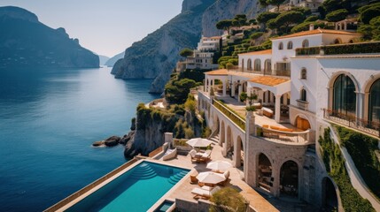 Exquisite villa perched on the stunning Amalfi Coast of Italy, offering unparalleled vistas of the...