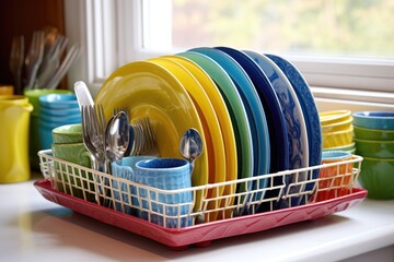 dish rack filled with clean, colorful dishes