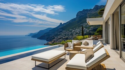 Fototapeta premium Exquisite villa perched on the stunning Amalfi Coast of Italy, offering unparalleled vistas of the glistening Mediterranean Sea and terraced cliffs
