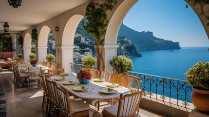 Foto op Plexiglas Exquisite villa perched on the stunning Amalfi Coast of Italy, offering unparalleled vistas of the glistening Mediterranean Sea and terraced cliffs © Damian Sobczyk
