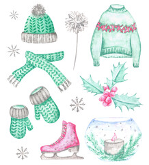 Winter clothes set of watercolor illustrations. Hat, scarf, mittens, sweater, skates, candlestick, holly, snowflakes. Winter, Christmas, New Year. Christmas Holidays. Illustrations isolated. For print