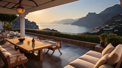Foto auf Acrylglas Mittelmeereuropa Exquisite villa perched on the stunning Amalfi Coast of Italy, offering unparalleled vistas of the glistening Mediterranean Sea and terraced cliffs