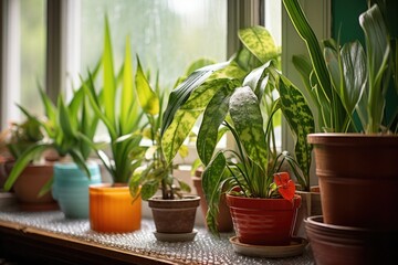houseplants with water droplets on windowsill