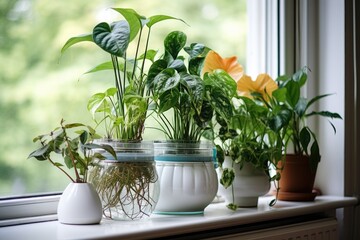 a row of houseplants receiving water from a spray bottle