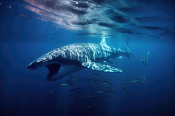 underwater view of whale shark feeding on plankton