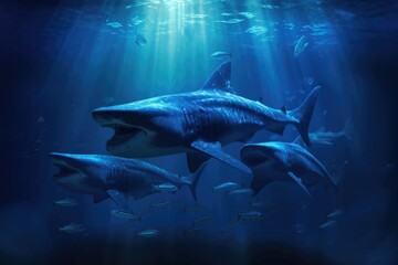 Obraz premium multiple whale sharks filter feeding in a group
