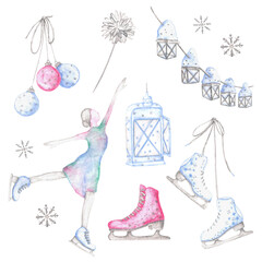 Figure skating watercolor illustrations set. Skates, figure skater, Christmas balls, lantern, garland, snowflakes. Winter, Christmas, New Year. Winter sport. Illustrations isolated. For print.