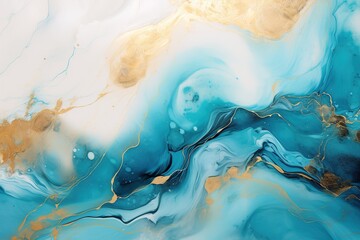 Fototapeta na wymiar Turquoise Crescendo Gold Abstract on Blue Pastel Waves Pastel Seascapes Abstract Gold Turquoise on Blue Canvas