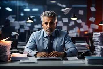 Handsome frustrated bussines man with grey hair sitting in his Office with piles of paperwork around, bussines concept, ai generative content 