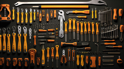 knolling, Tool Kit: Wrenches, screwdrivers, pliers, and other tools organized for DIY enthusiasts